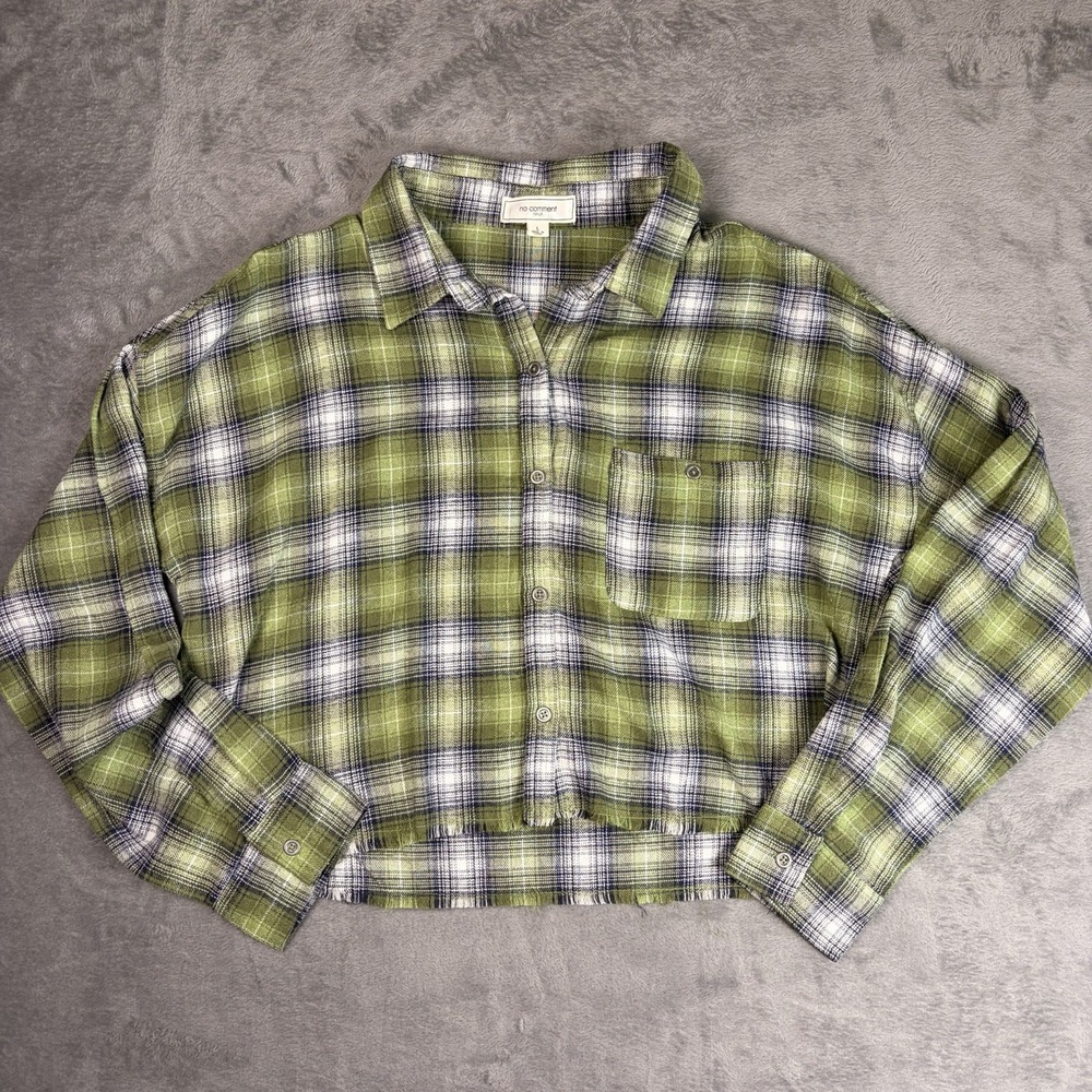 No Comment Cropped Flannel Shirt Women's L Green Plaid Raw Hem Button Up Grunge